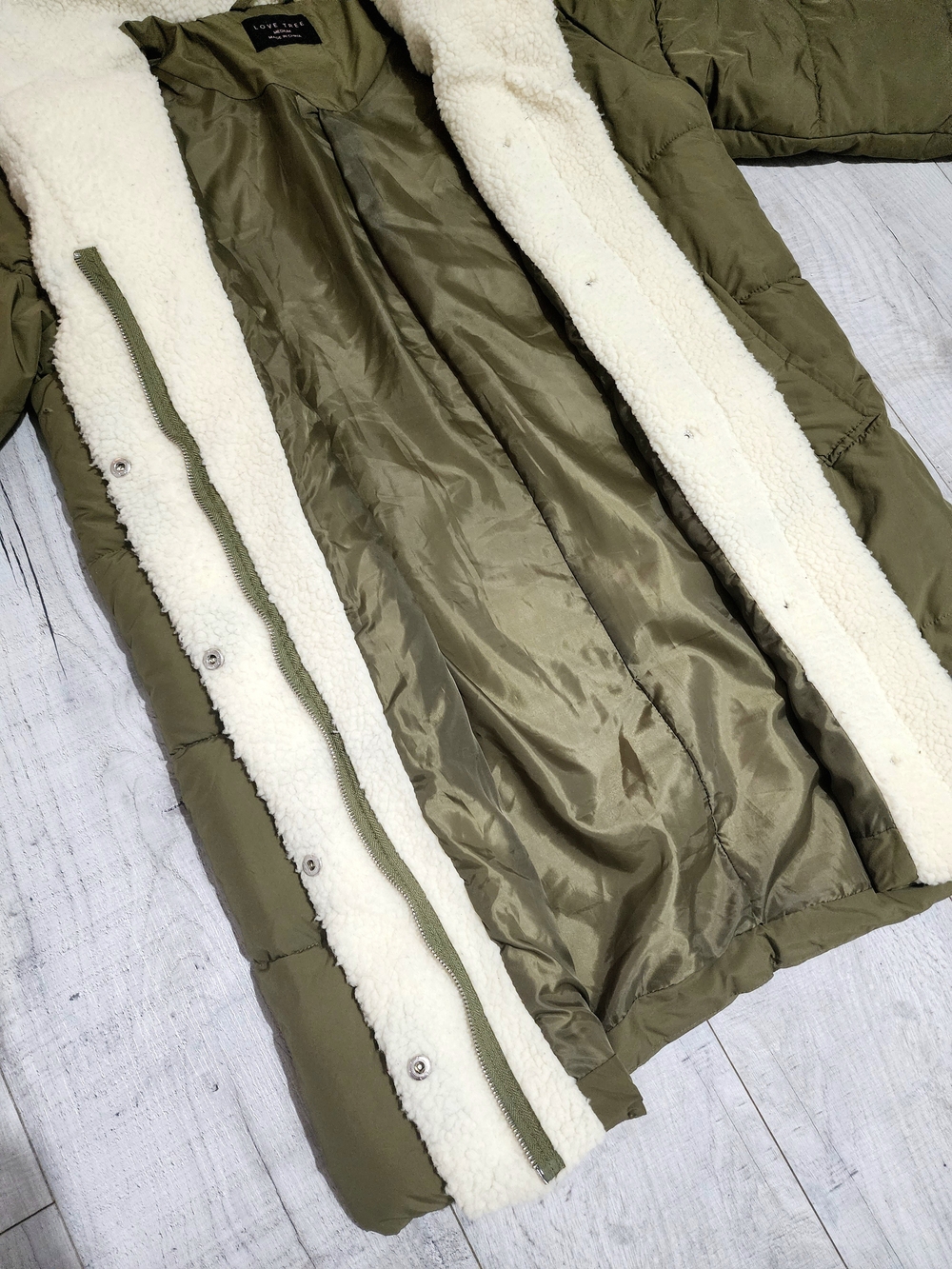 Love Tree Olive Green Puffer Coat with Cream Sherpa Trim - Picture 2 of 5